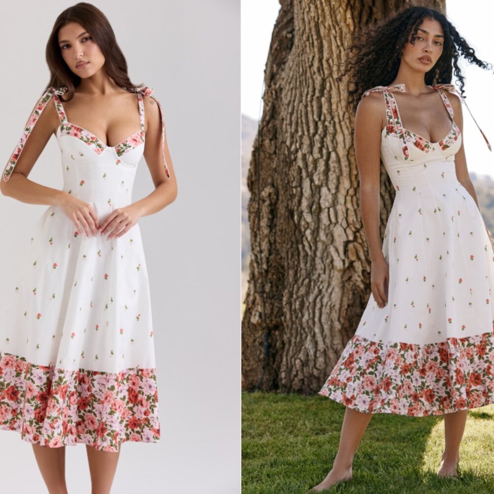 HOUSE OF CB 'Emely' White Floral Print Stretch Cotton Midi Sundress NWOT